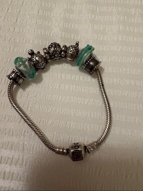 Vintage Pandora Silver Bracelet with Seafoam Green Glass and Floral Charms